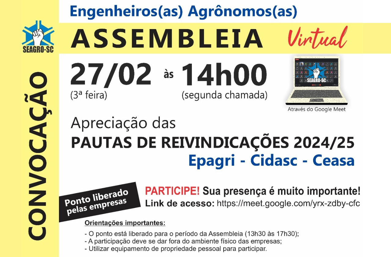 Campanha Salarial 2024/2025 - Assembleia Virtual de apreciação das Pautas de Reivindicações 2024 - Epagri, Cidasc e Ceasa