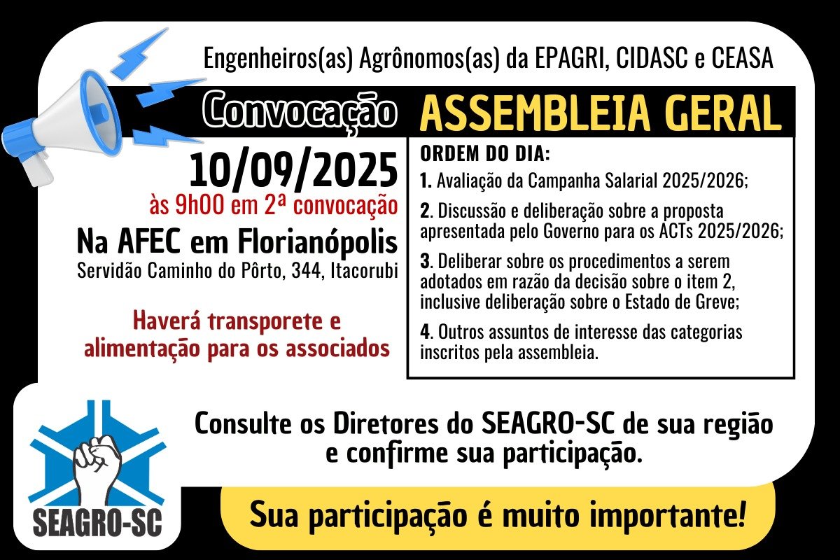 Campanha Salarial 2025/2026 - Assembleia Geral do SEAGRO-SC em Florianópolis dia 10/09/2025