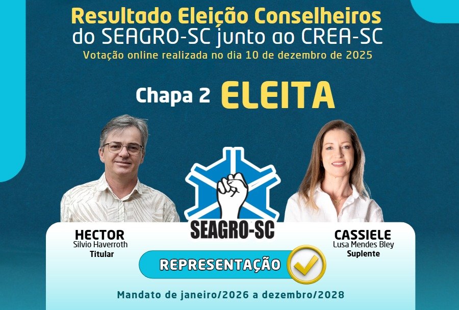 Chapa 2 eleita - Resultado da Eleição de Conselheiros do SEAGRO-SC junto ao CREA-SC realizada no dia 10/12/2025