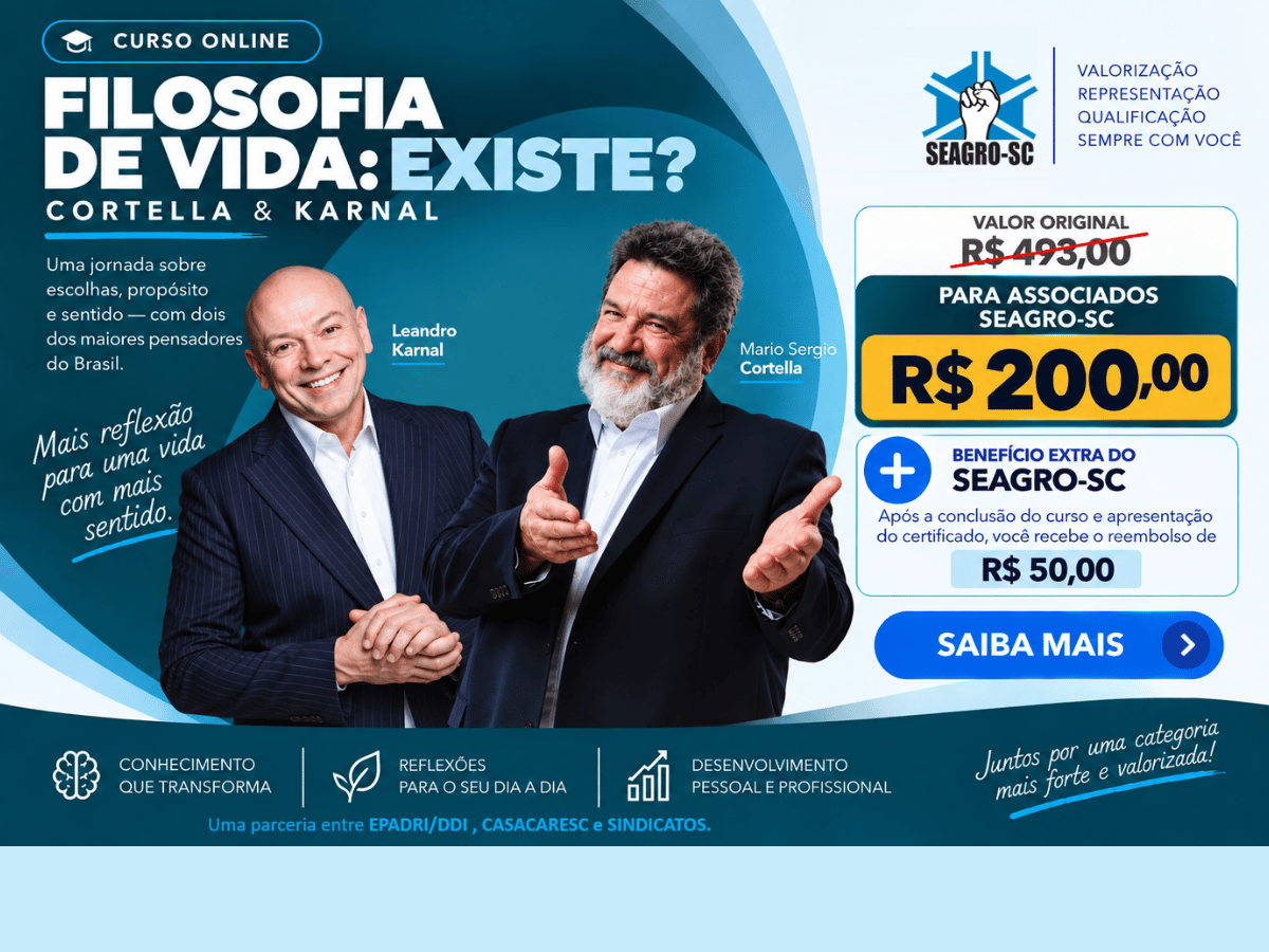 SEAGRO-SC oferece benefício exclusivo para associados no curso “Filosofia de Vida: Existe?” com Cortella e Karnal