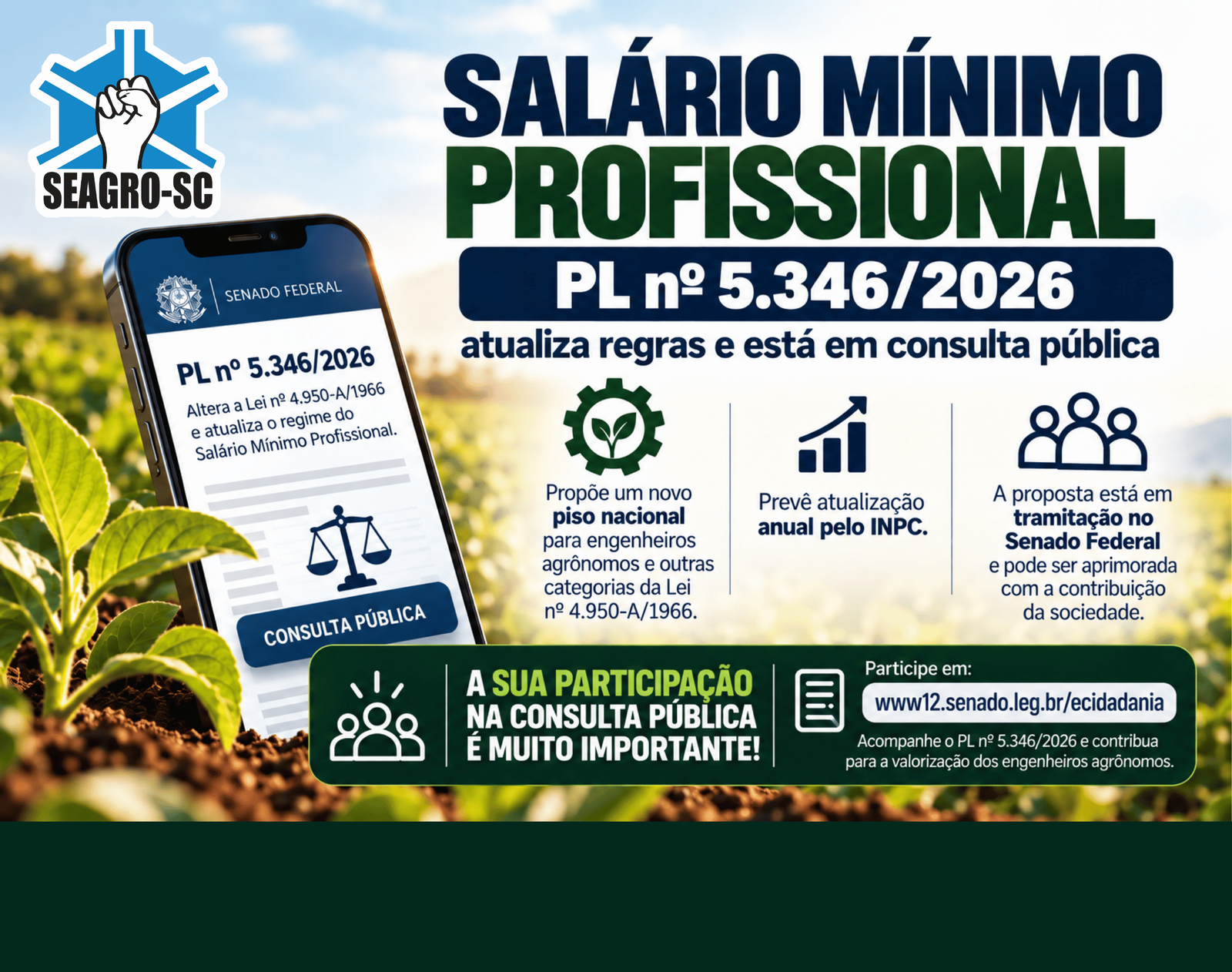 SMP em debate: PL nº 5.346/2026 propõe novas regras na Lei nº 4.950-A/1966 do salário mínimo dos Engenheiros Agrônomos e demais profissionais abrangidos pela Lei